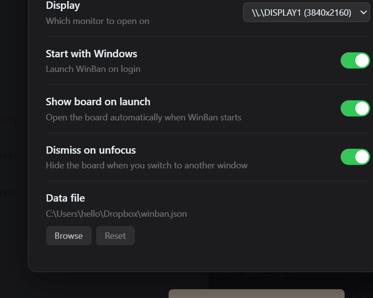 WinBan settings showing custom data file location